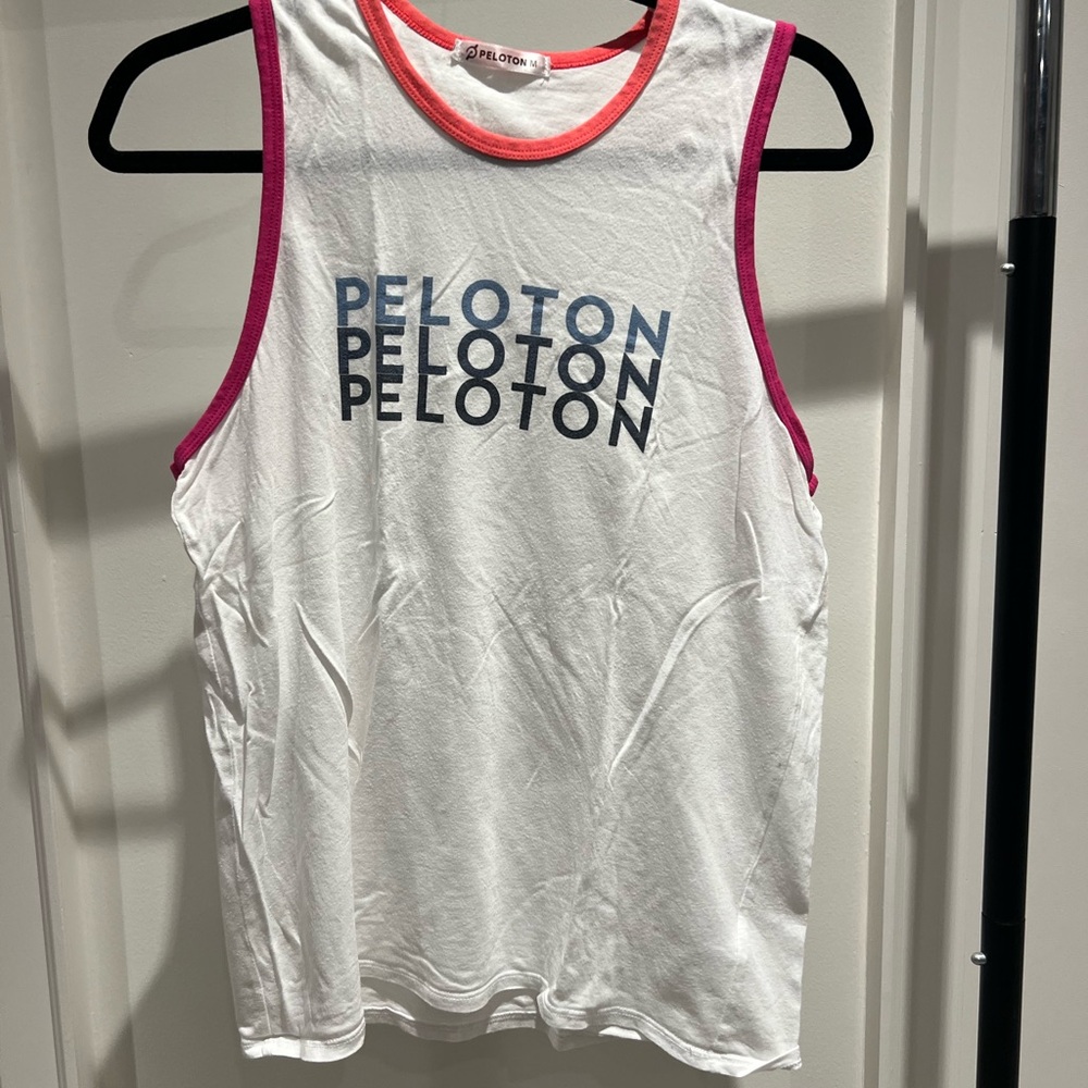 Peloton Women's White Muscle Tee with Red and Purple Trim